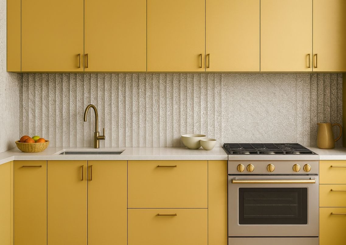 Yellow cabinets with textured backsplash design - Beautiful Homes