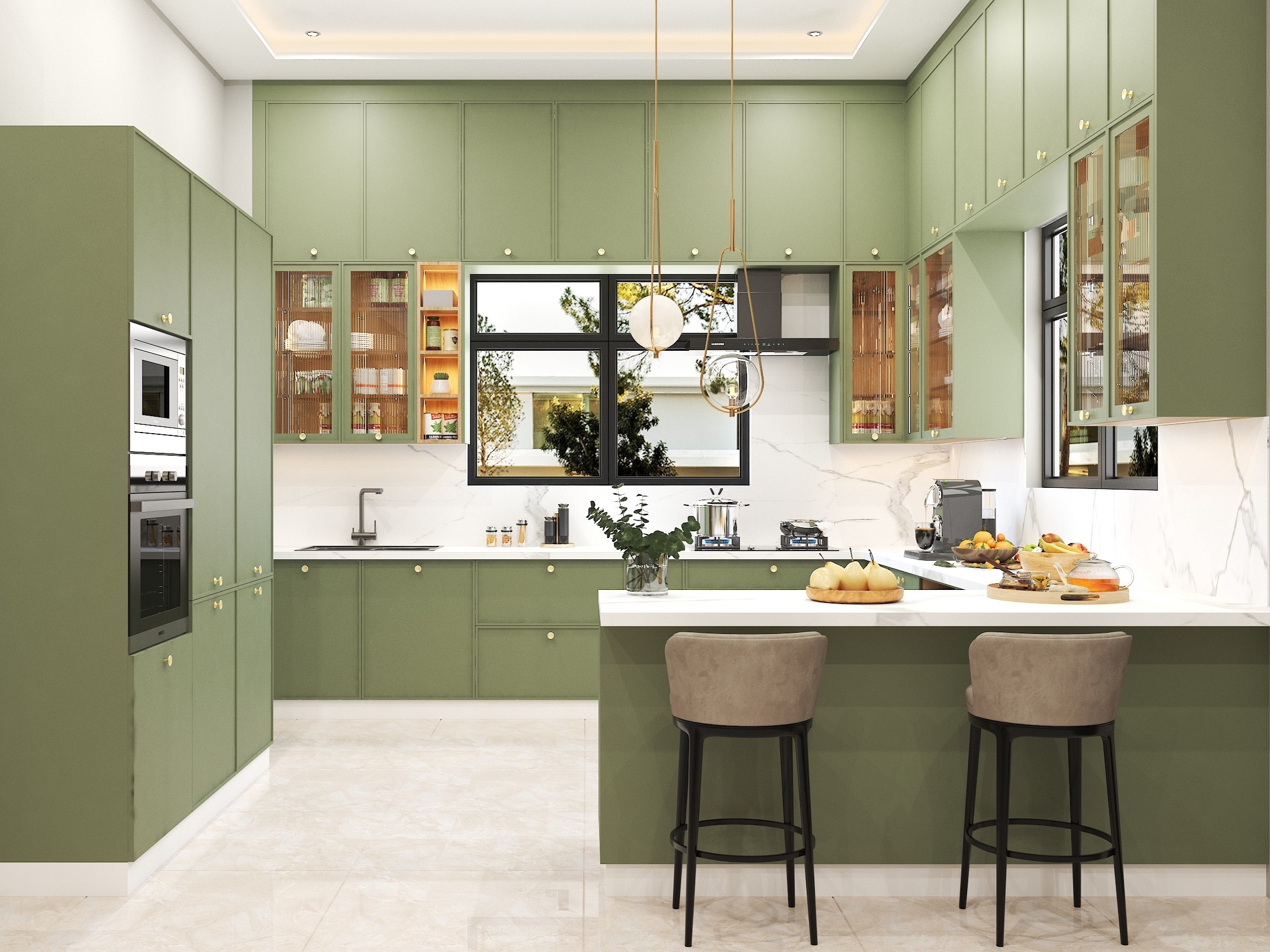 Open kitchen with green cabinets and marble countertops - Beautiful Homes