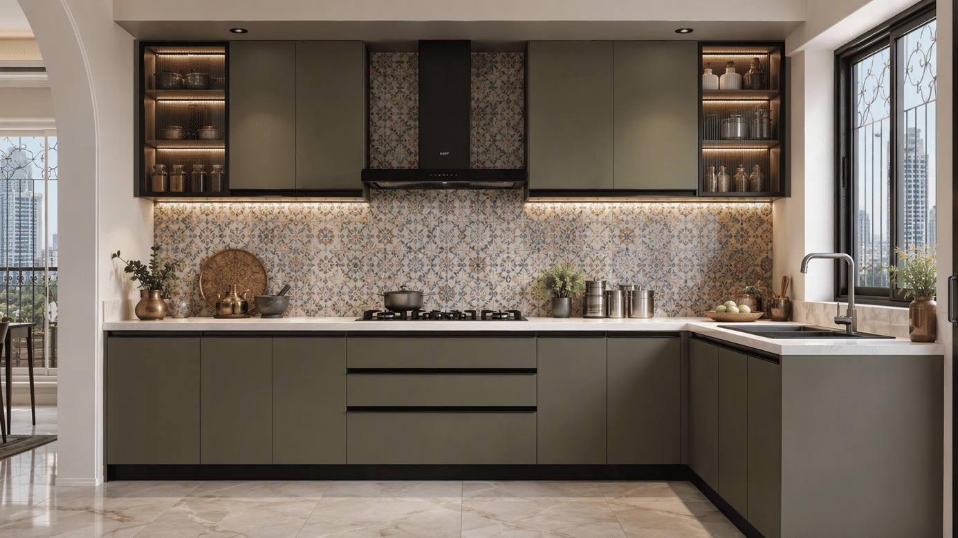 Modern L-shaped kitchen with matte olive-green cabinets, white marble countertop, illuminated open shelves, and an intricate mosaic tile backsplash - Beautiful Homes