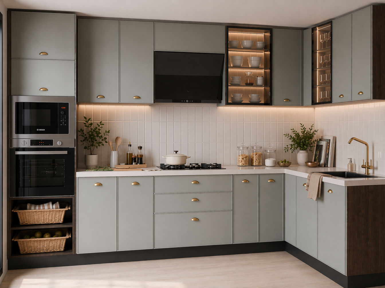 L-shaped kitchen with matte sage green cabinets, brass handles, white stone countertop, black glass appliances, and illuminated glass-front display cabinets - Beautiful Homes