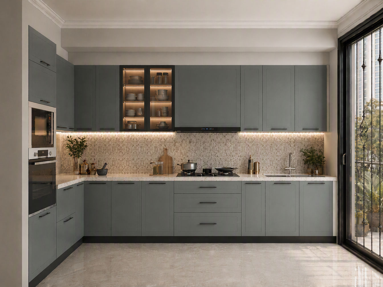 L-shaped kitchen with grey shaker-style cabinets, black handles, white stone countertops, and a black and white patterned backsplash - Beautiful Homes