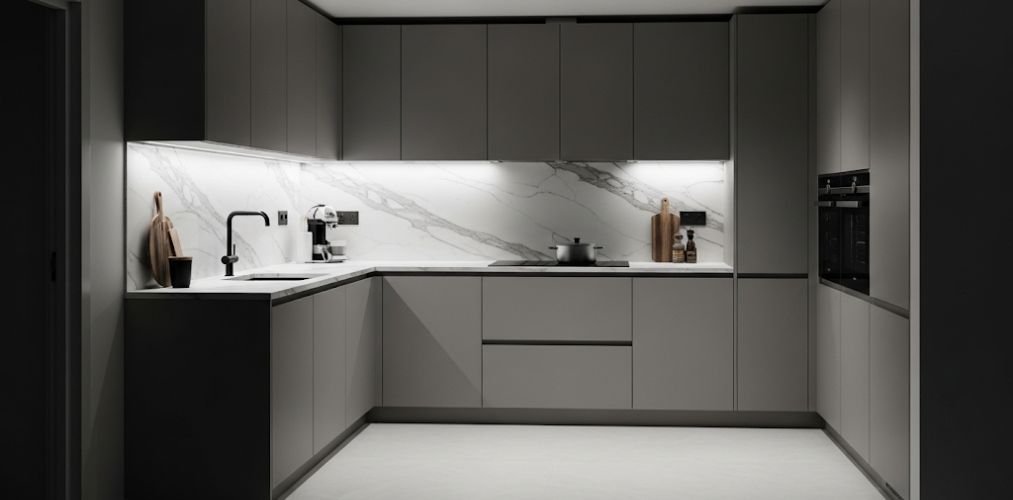 Grey modular kitchen with marble countertops and cabinets - Beautiful Homes