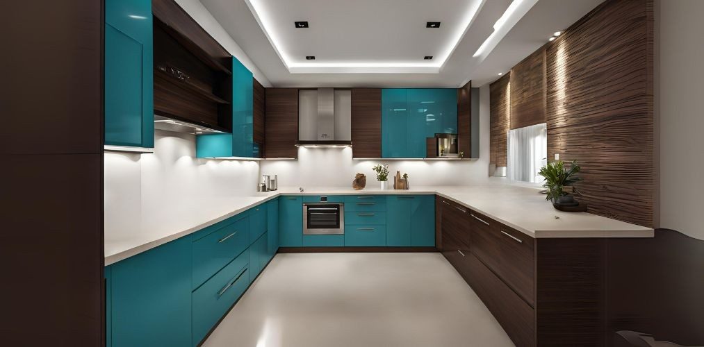 Contemporary modular u-shaped teal blue and brown kitchen design - Beautiful Homes