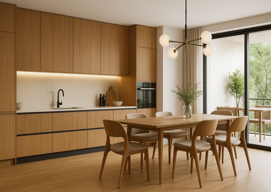 Modern kitchen with wooden cabinets and dining area - Beautiful Homes