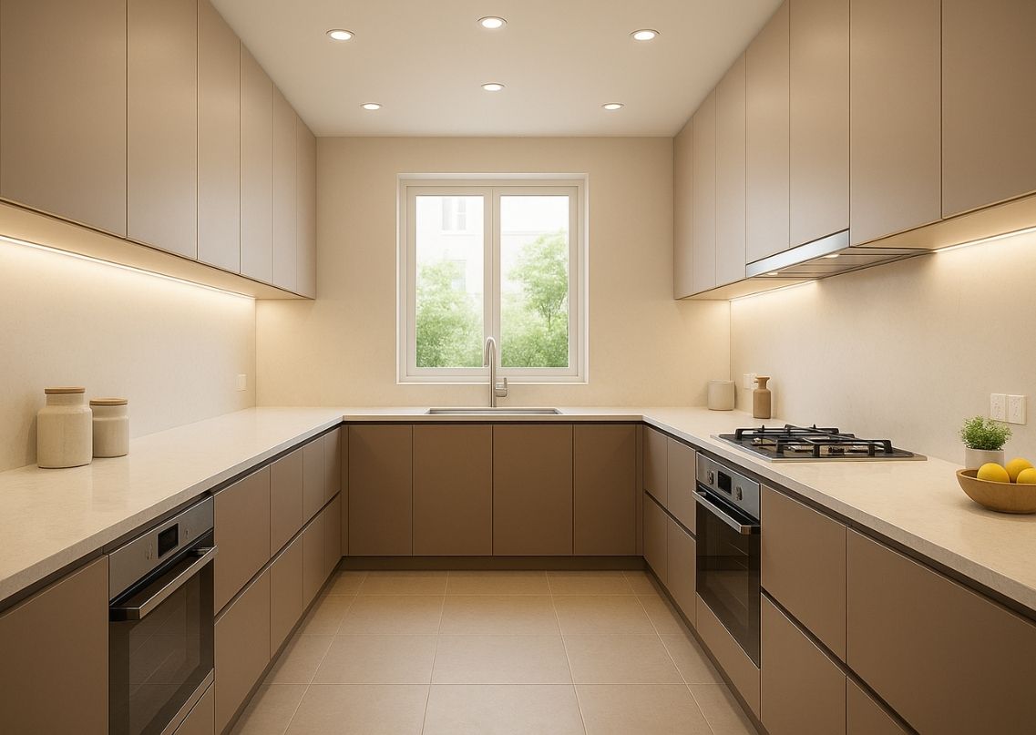 Modern kitchen with beige cabinets and white countertops - Beautiful Homes