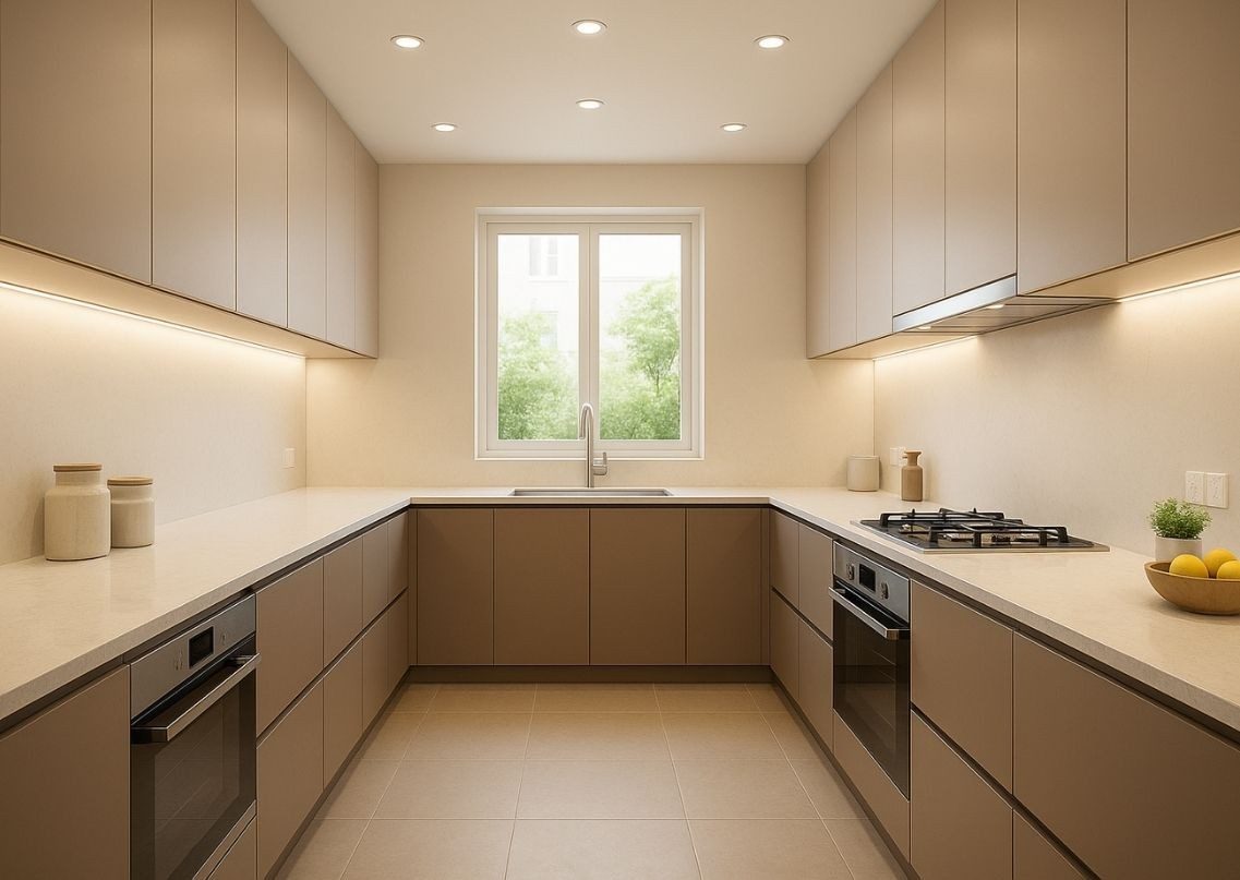 Modern kitchen with beige cabinets and white countertops - Beautiful Homes
