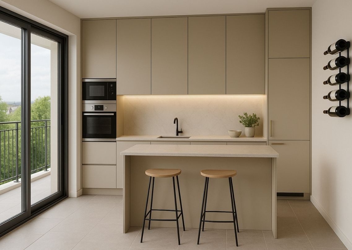 Beige kitchen with island and modern design - Beautiful Homes