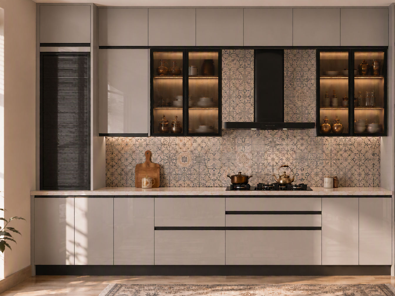 Modern light grey glossy modular kitchen featuring illuminated glass cabinets and a patterned Moroccan backsplash - Beautiful Homes