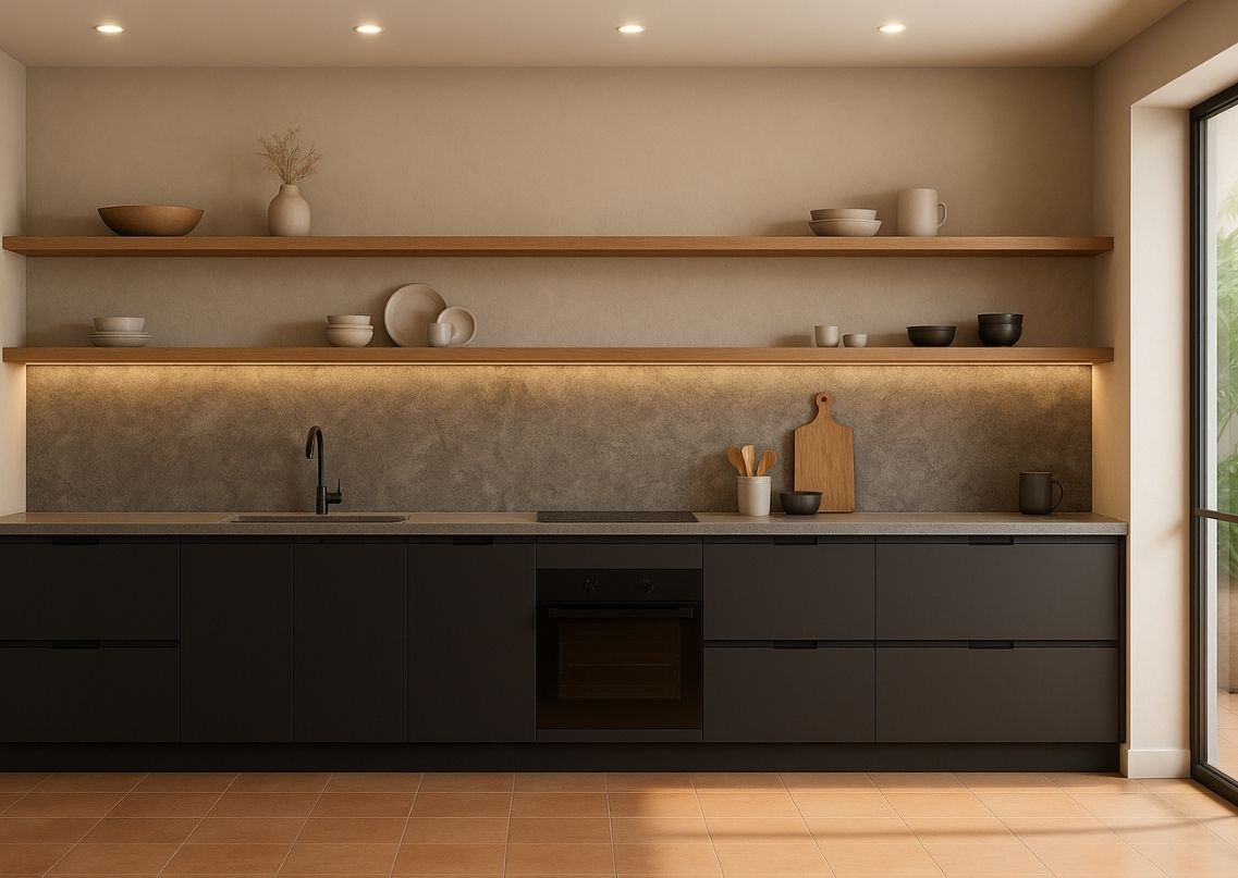 Modern kitchen with black cabinets and wooden shelves - Beautiful Homes