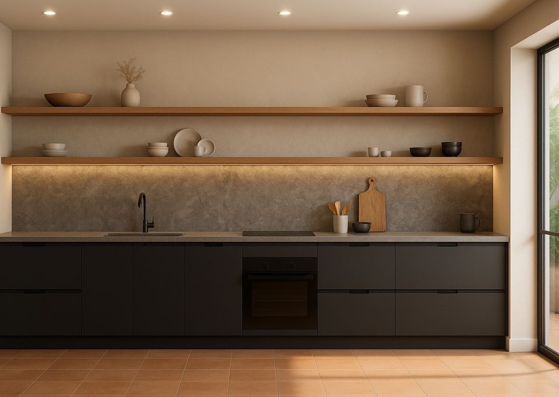 Modern kitchen with black cabinets and wooden shelves - Beautiful Homes