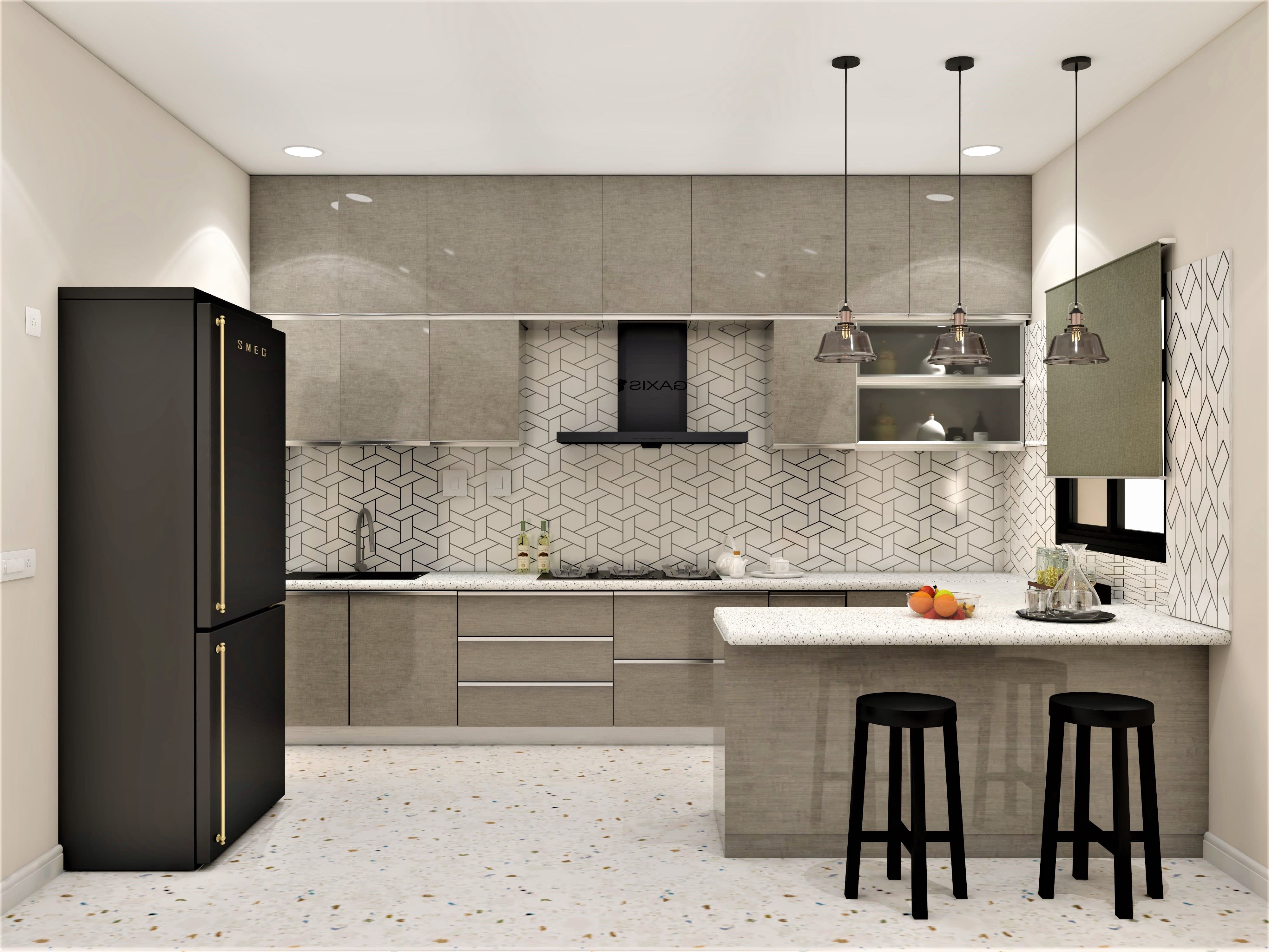 Contemporary style U-shaped kitchen with patterned dado tiles - Beautiful Homes