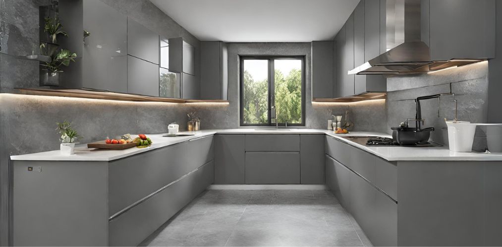 Contemporary U-shaped grey kitchen with white countertop-Beautiful Homes