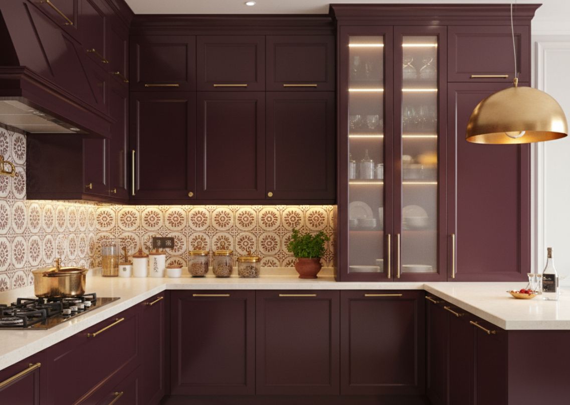 Plum kitchen with marble counters and gold accents - Beautiful Homes