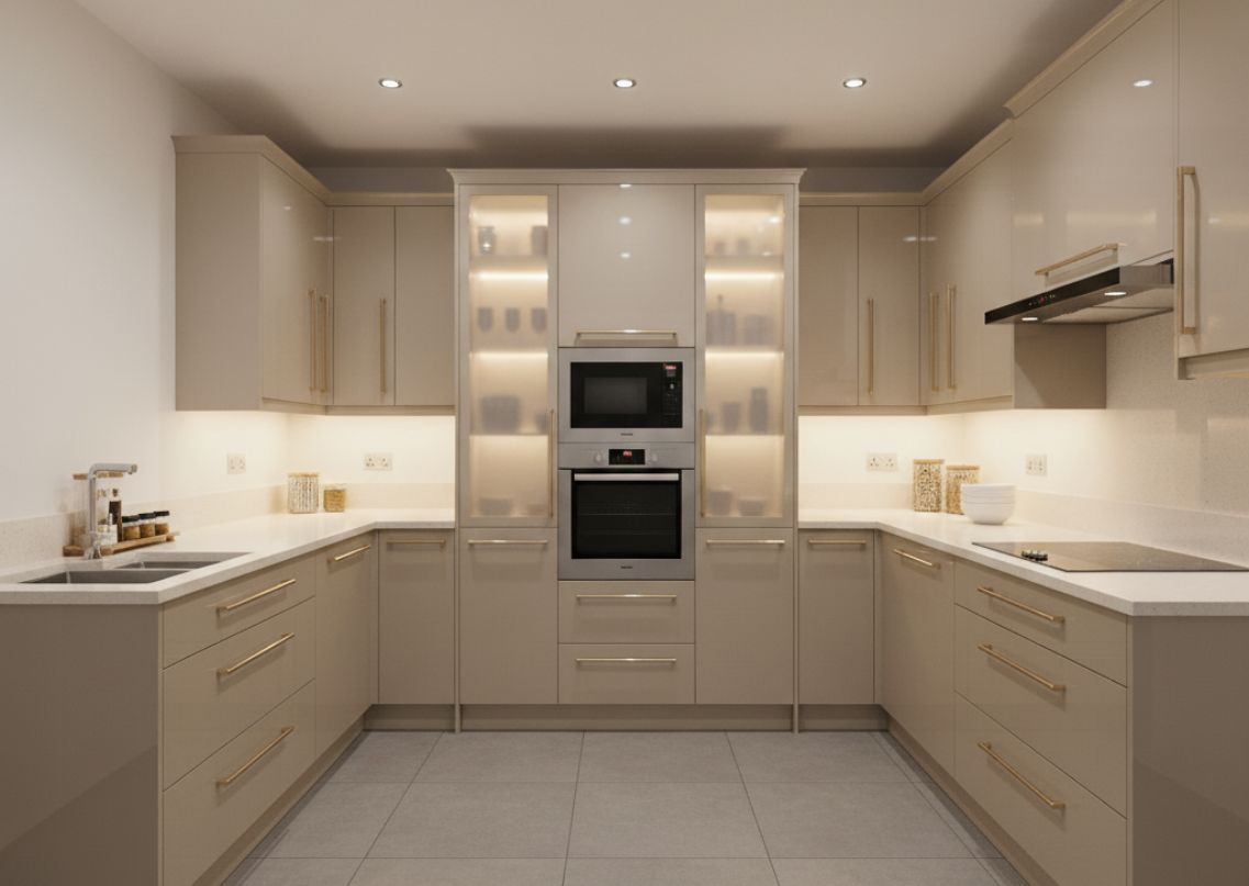 Modern beige kitchen with white counters and shelves - Beautiful Homes