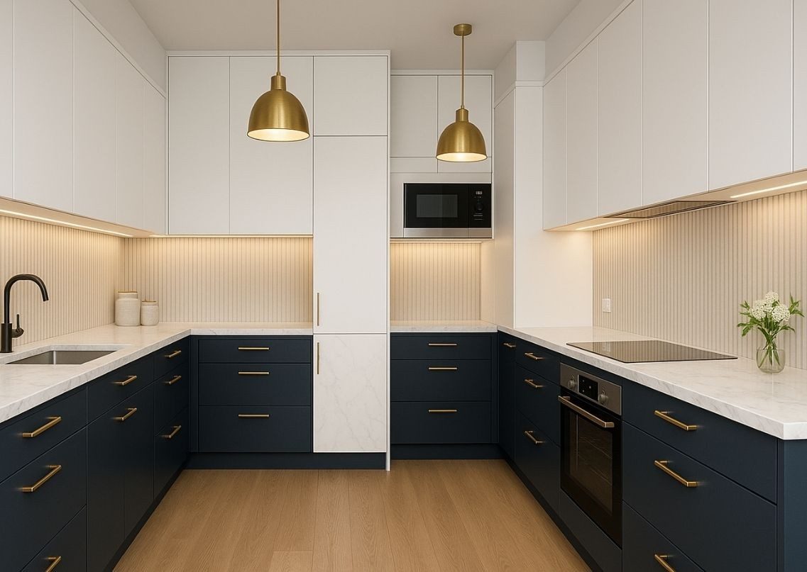 Navy and white kitchen with gold accents and lighting - Beautiful Homes