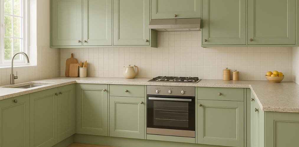Modern kitchen with pastel green cabinets and window - Beautiful Homes