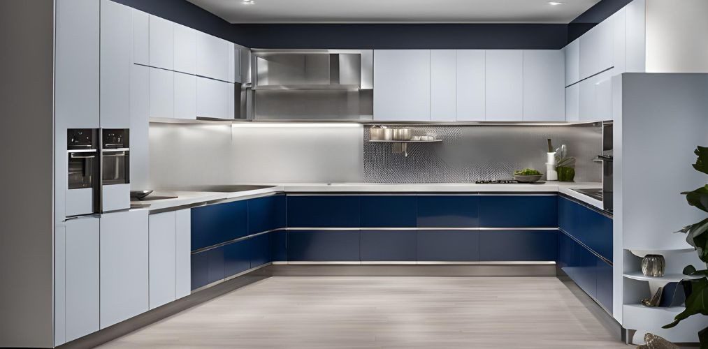 Contemporary u-shaped metallic blue and white kitchen design - Beautiful Homes