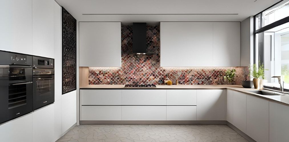 Contemporary white kitchen with fish scale dado tiles - Beautiful Homes