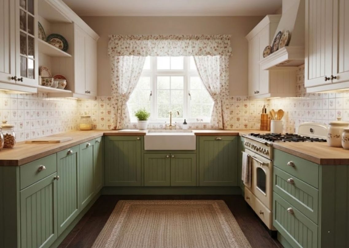 Farmhouse kitchen with green cabinets and wooden countertop - Beautiful Homes