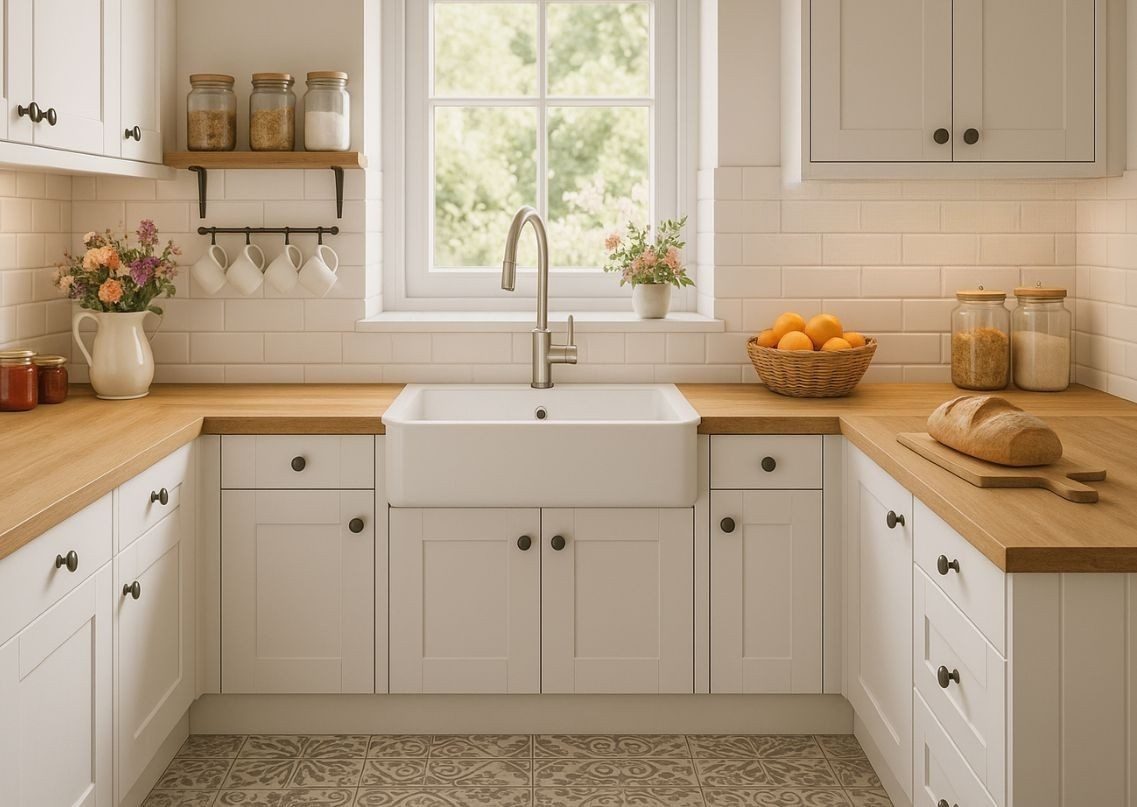 White kitchen with wooden counters and farmhouse sink - Beautiful Homes