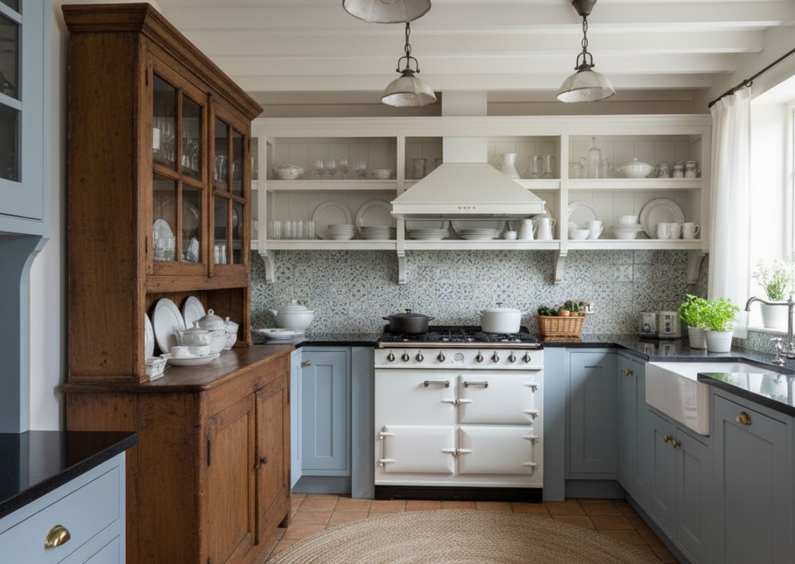 Farmhouse kitchen with blue cabinets and wooden accents - Beautiful Homes