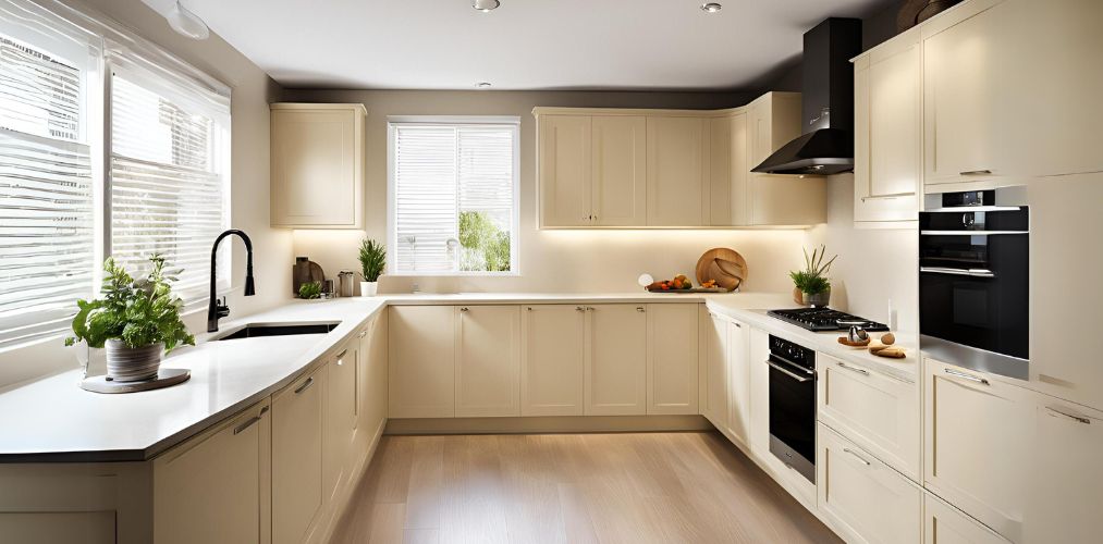 Cream and white u-shaped kitchen with cabinets - Beautiful Homes