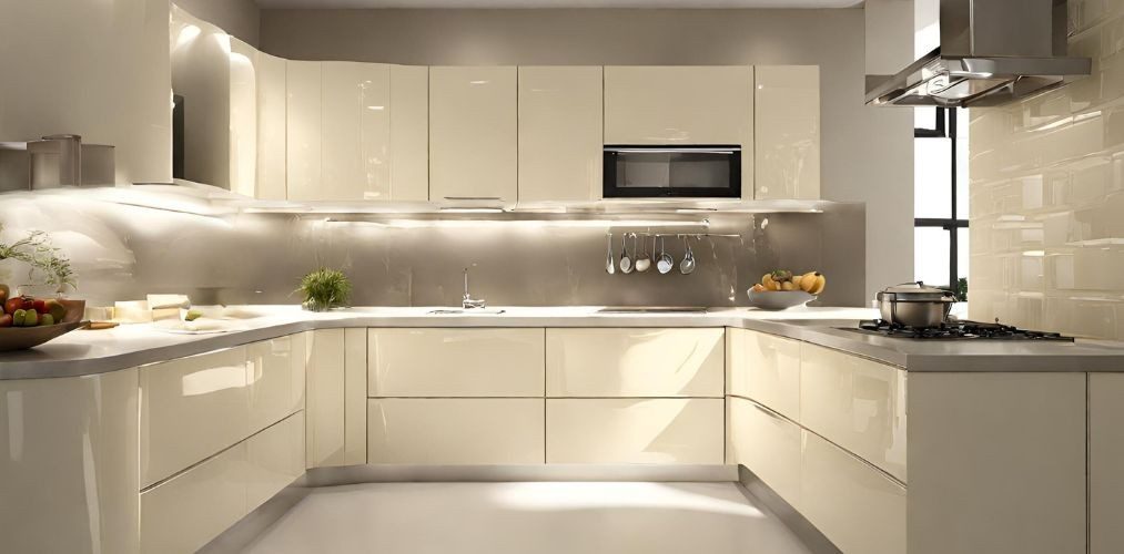 Cream u-shaped kitchen with glossy cabinets - Beautiful Homes