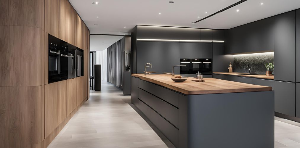 Dark grey and wood island kitchen design - Beautiful Homes