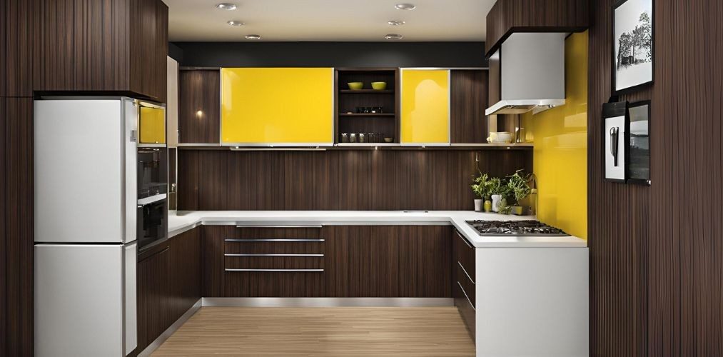 Dark wood and yellow modular kitchen with white countertop - Beautiful Homes