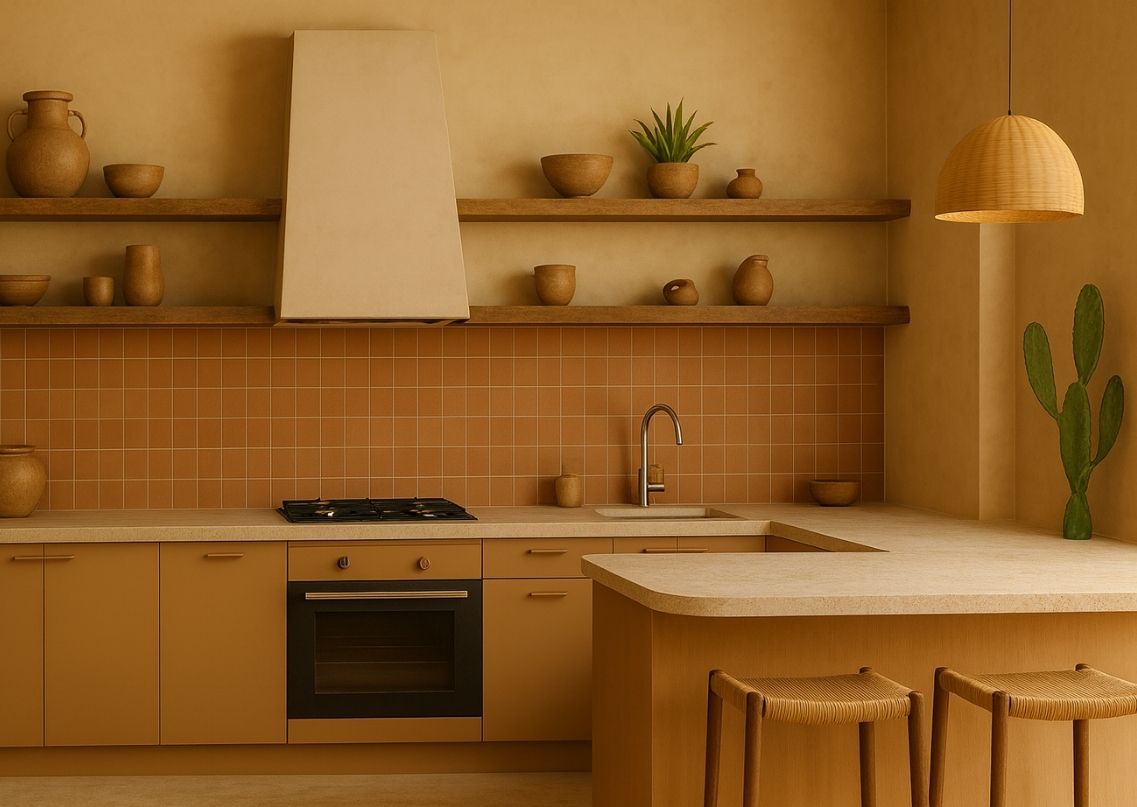 Beige kitchen with wooden shelves and décor - Beautiful Homes