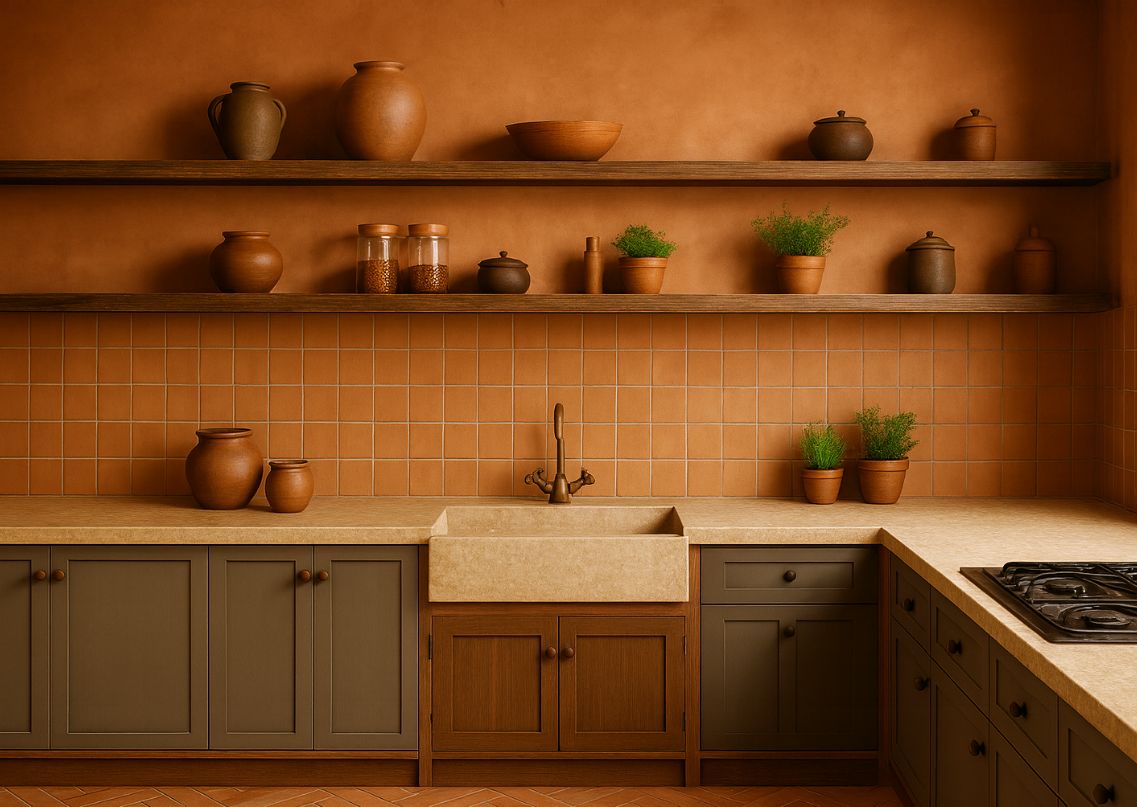 Rustic kitchen with terracotta tiles and clay pots - Beautiful Homes