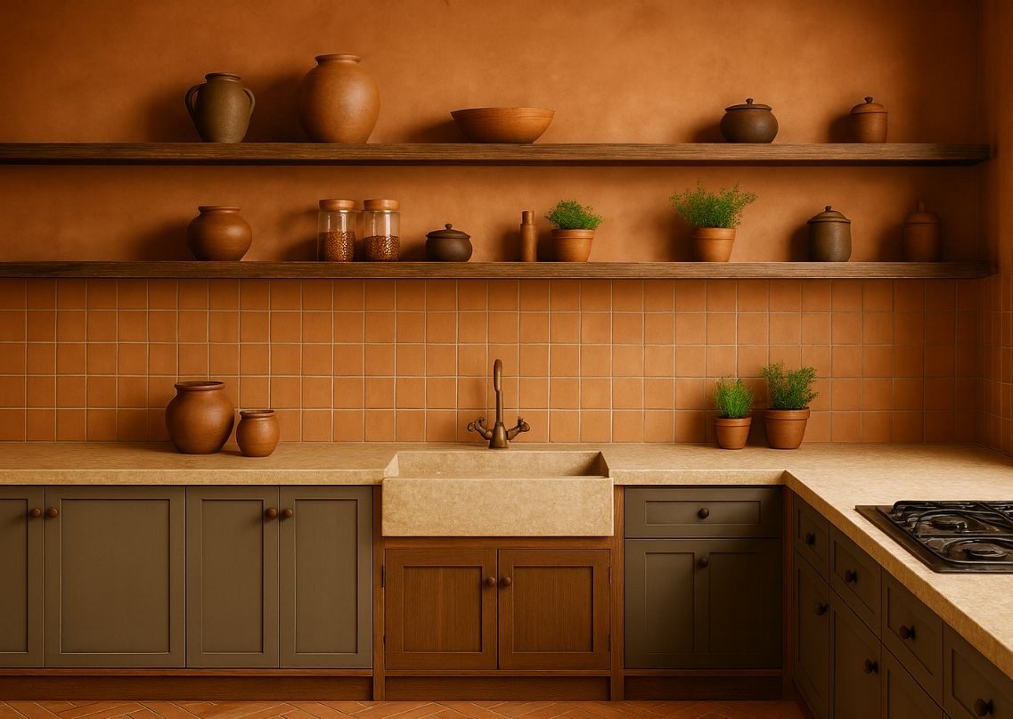 Rustic kitchen with terracotta tiles and clay pots - Beautiful Homes