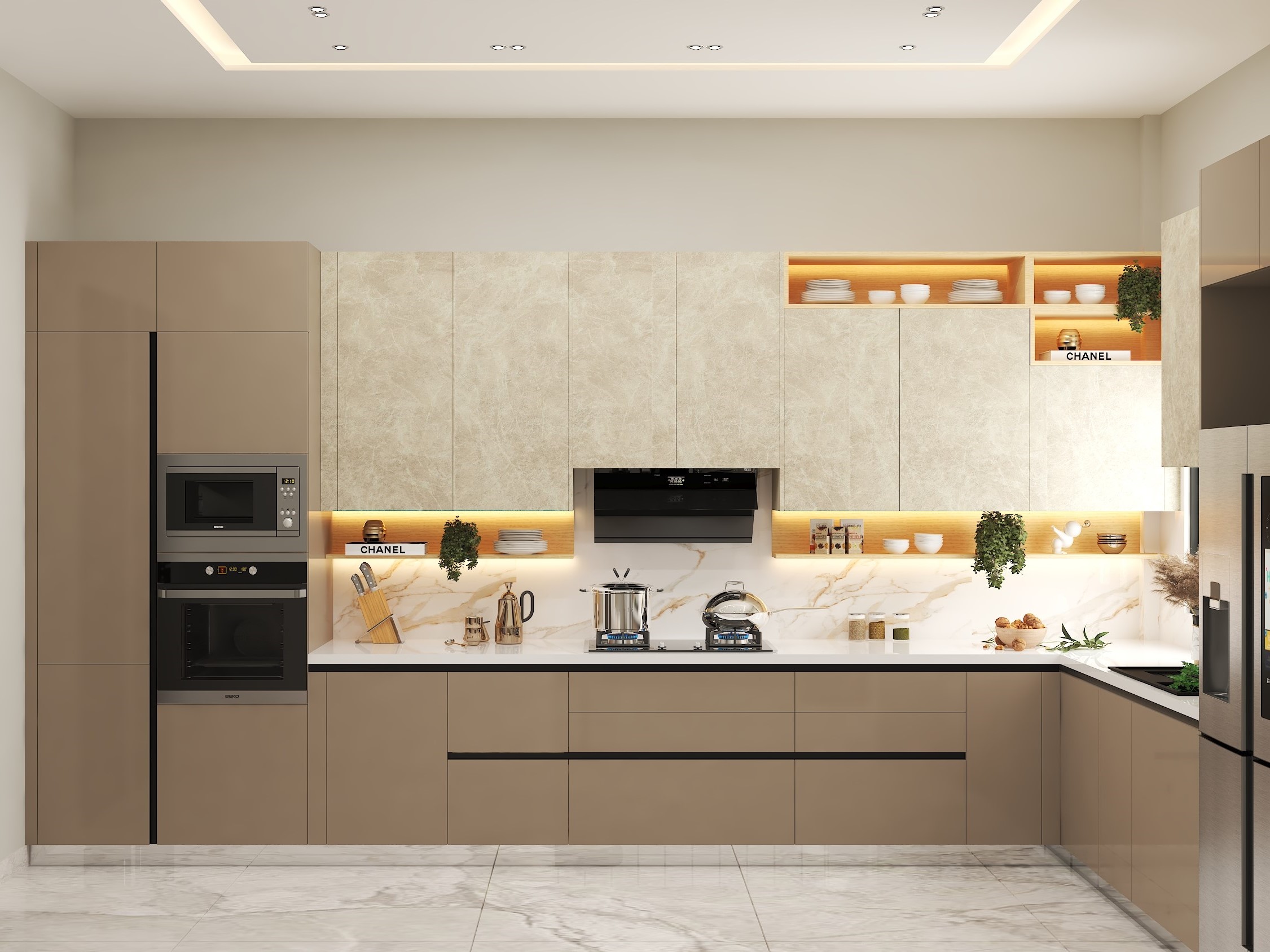 Modern l-shaped kitchen with marble countertops and sleek cabinets - Beautiful Homes