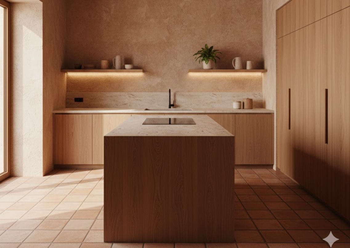 Modern kitchen with wood cabinets and marble island - Beautiful Homes