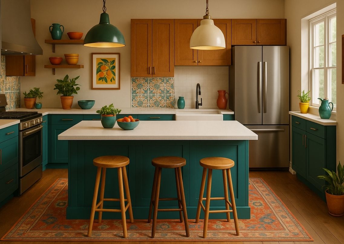 L shaped kitchen with colourful tiles and island - Beautiful Homes