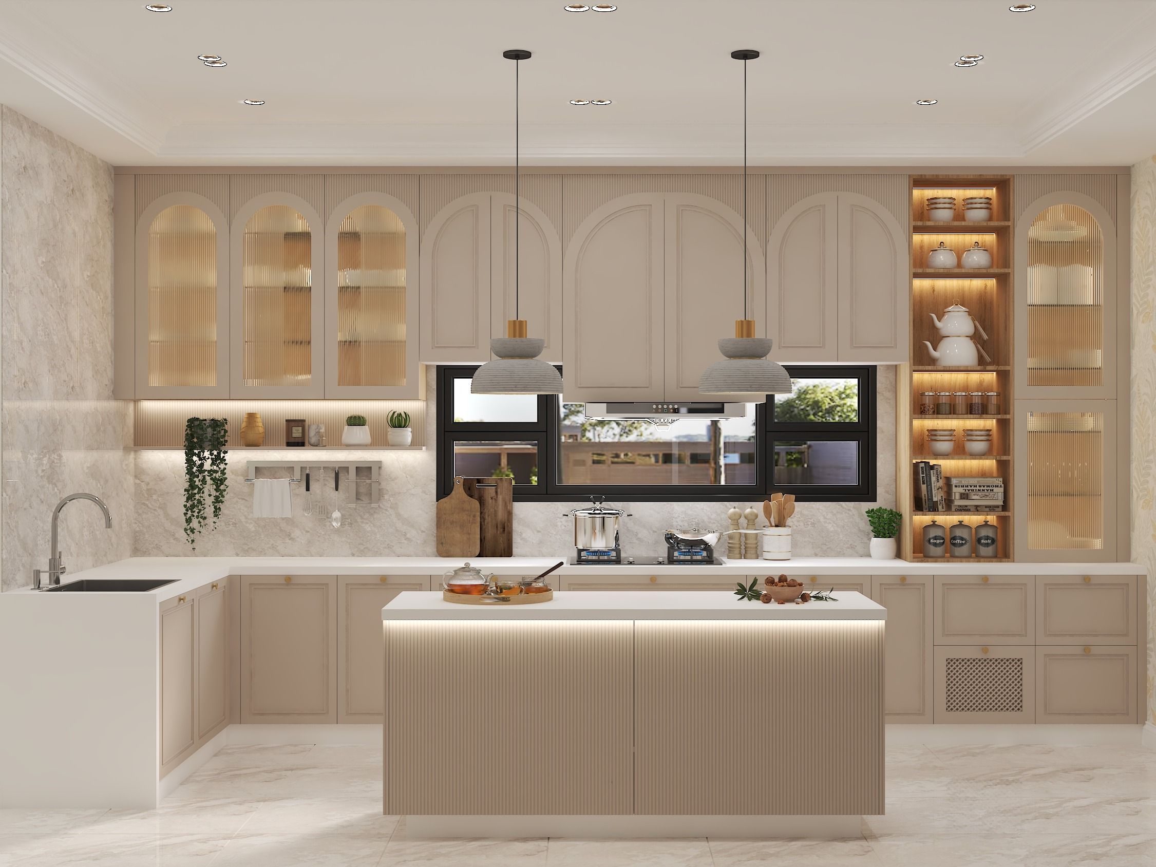 Stylish kitchen featuring arched cabinets, fluted island, and marble finishes - Beautiful Homes