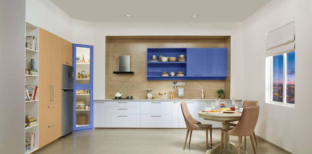 The Emperor by Sleek Kitchen with modular storage and tall showcase shelves - Beautiful Homes