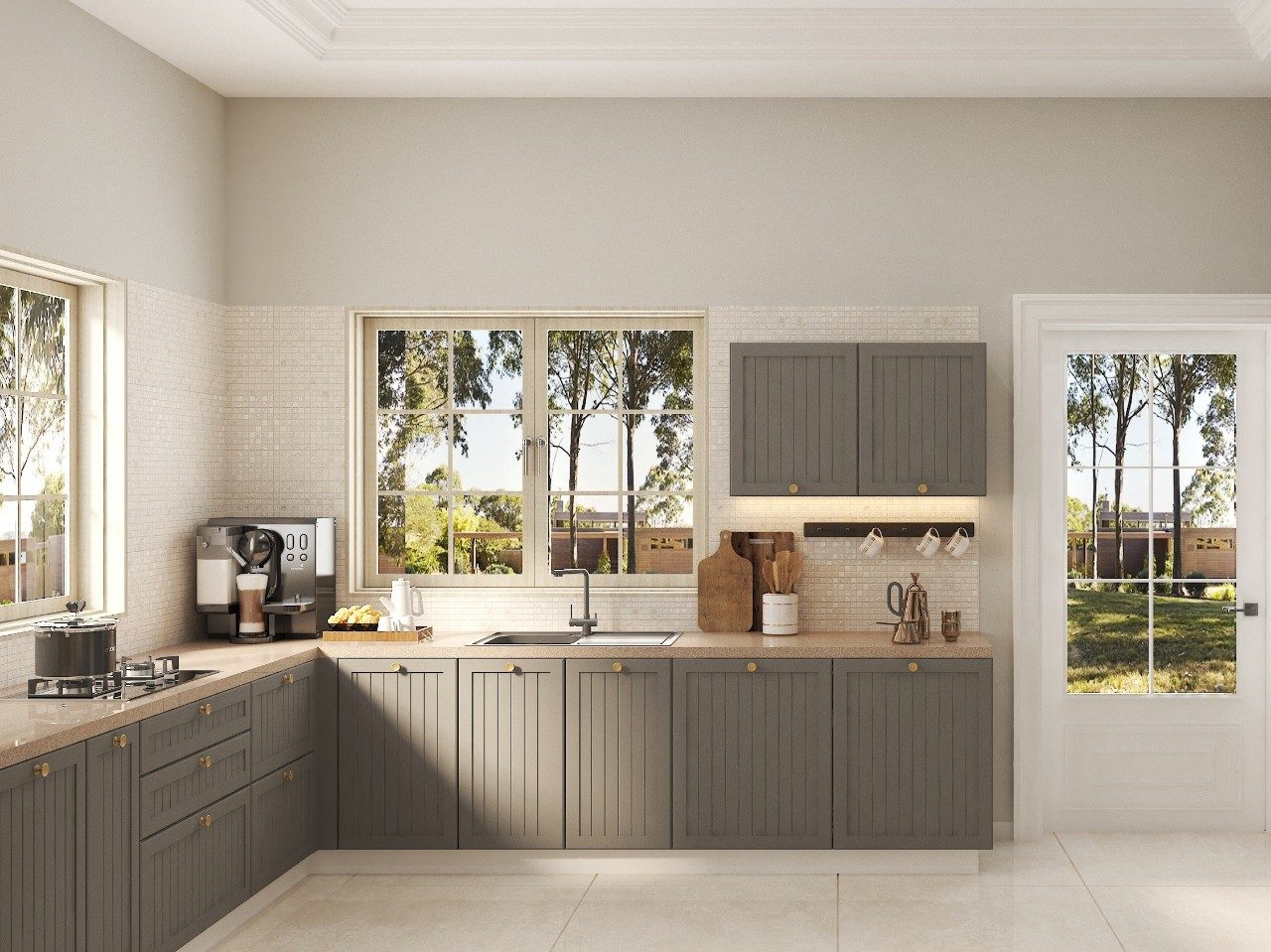 Modern kitchen with grey cabinets and window - Beautiful Homes