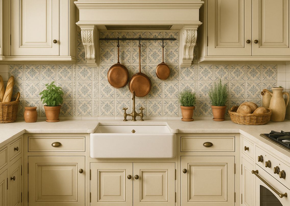 Farmhouse kitchen with cream cabinets and brass accents - Beautiful Homes