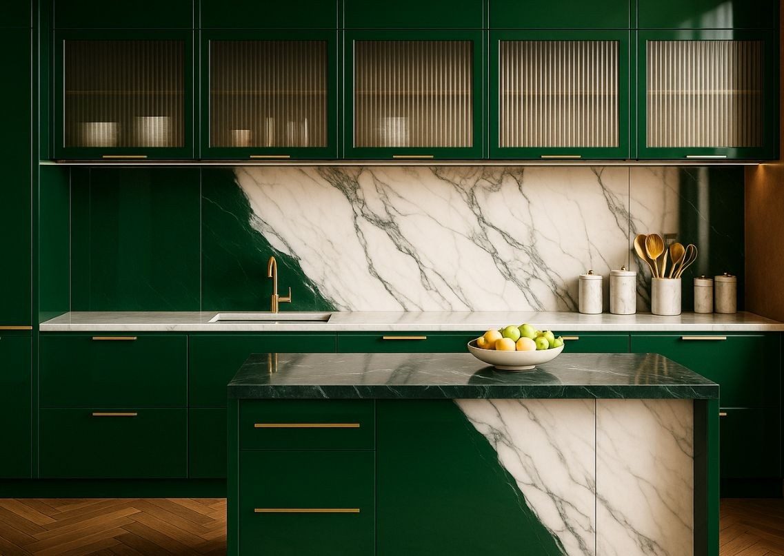 Green kitchen with marble backsplash and gold accents - Beautiful Homes