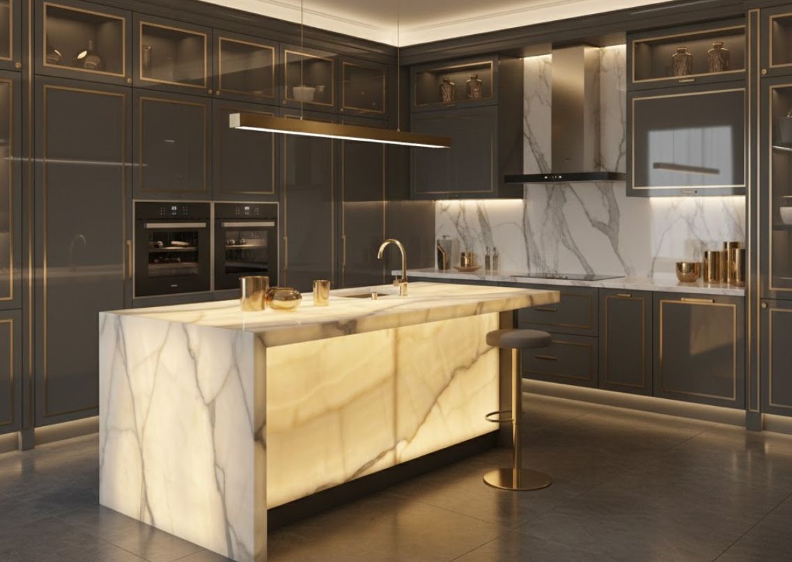 Luxury kitchen with illuminated marble island - Beautiful Homes