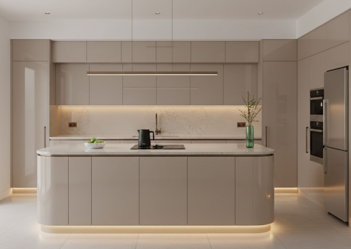 Modern kitchen with beige cabinets and marble island - Beautiful Homes