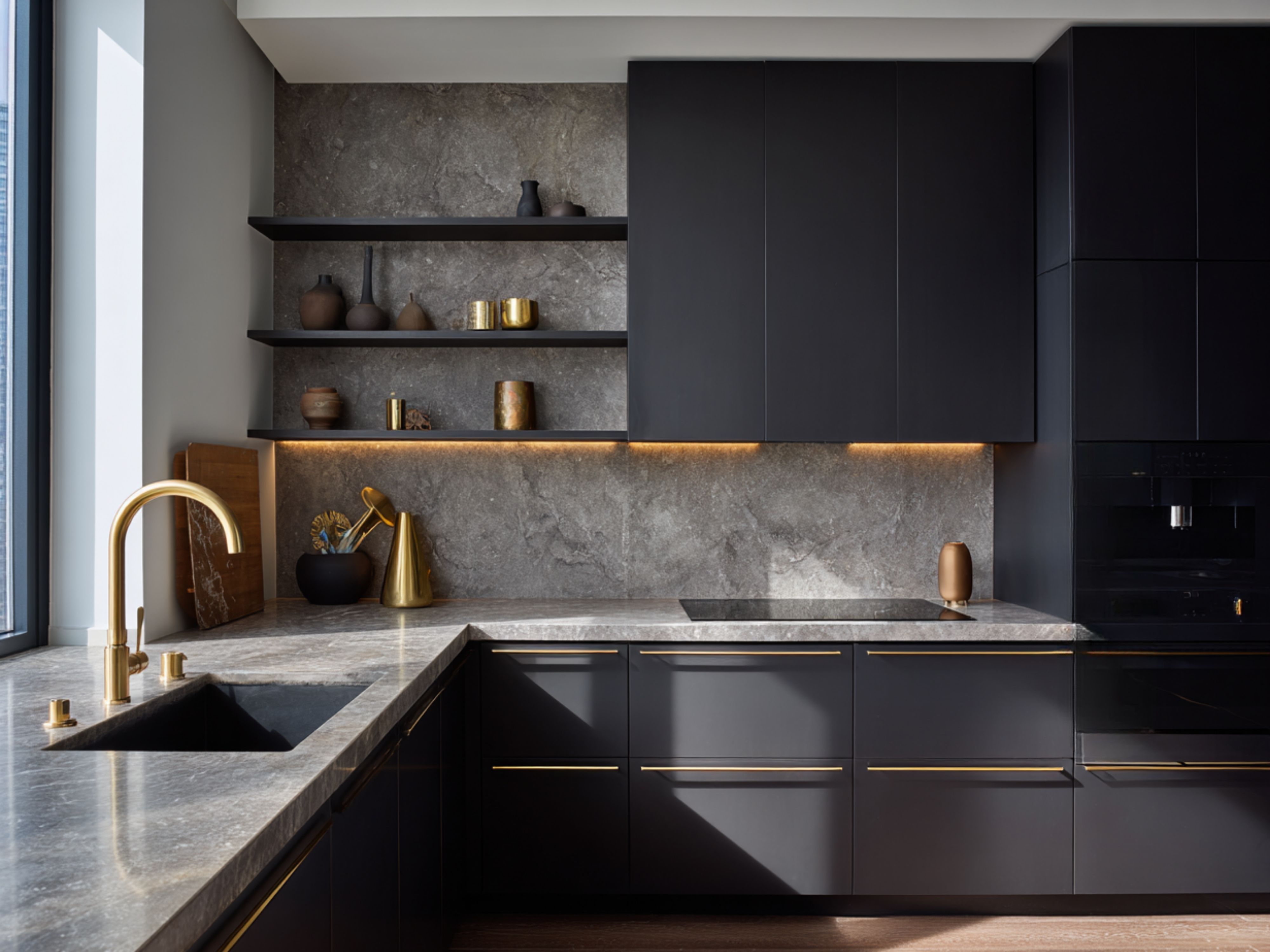Modern kitchen with grey marble and gold details - Beautiful Homes