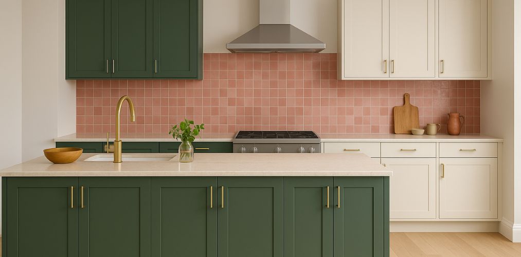 Kitchen with green cabinets and pink backsplash - Beautiful Homes