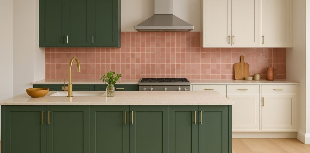 Kitchen with green cabinets and pink backsplash - Beautiful Homes