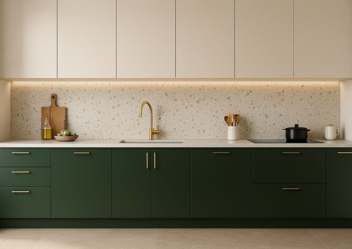 Green cabinets and terrazzo backsplash in kitchen - Beautiful Homes