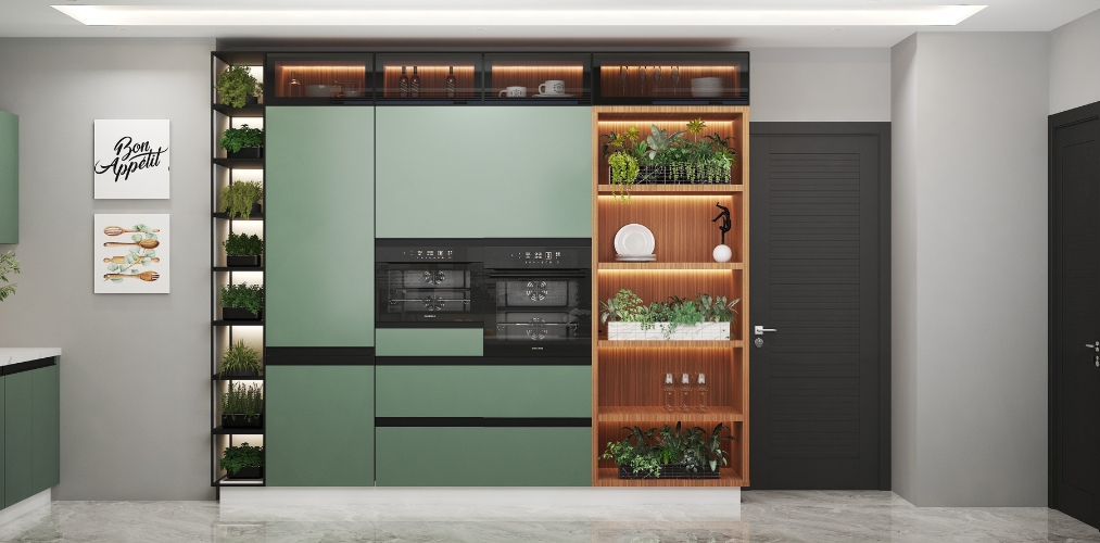 Green kitchen acrylic cabinets with wooden shelves and planters-Beautiful Homes