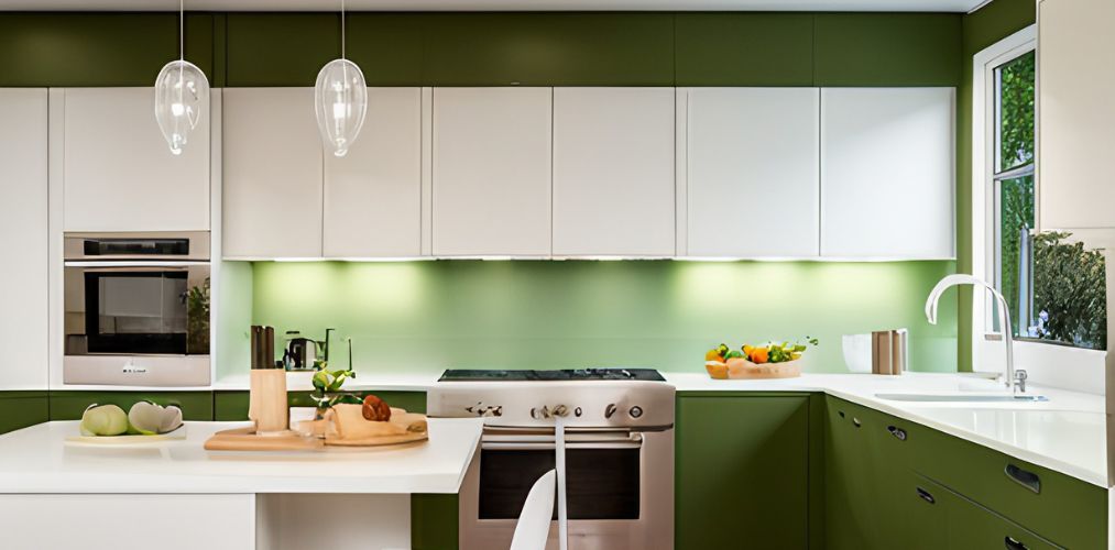 White and green kitchen design with modular cabinets-Beautiful Homes