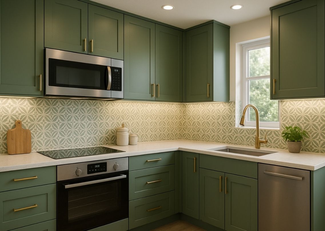 Modern kitchen with green cabinets and white counters - Beautiful Homes