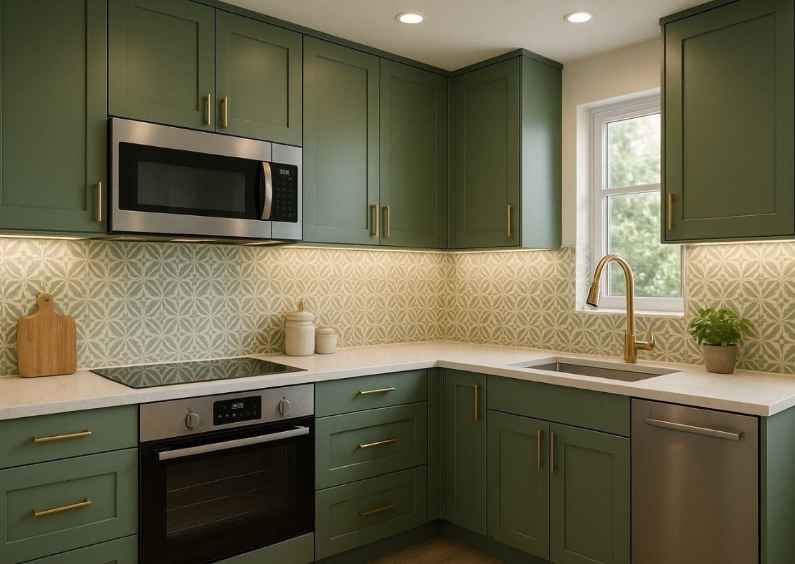 Modern kitchen with green cabinets and white counters - Beautiful Homes